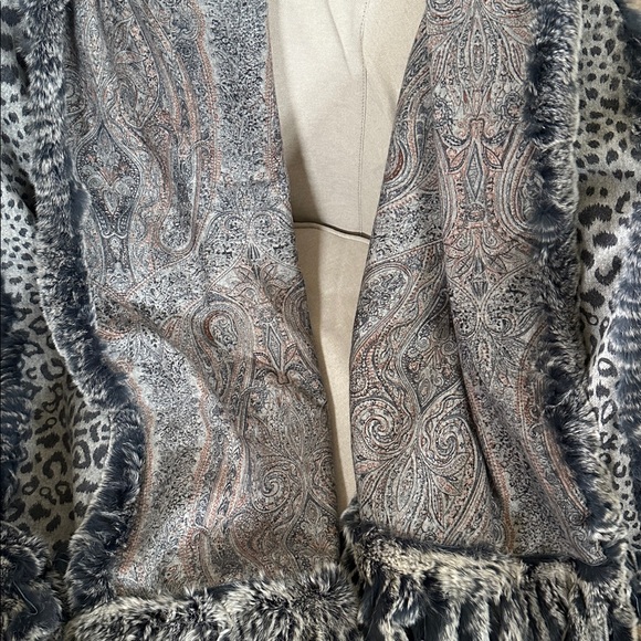 Luxury Gray Blue Cashmere Reversible Leopard Paisley Print Rabbit Fur Scarf Wrap - Picture 8 of 12